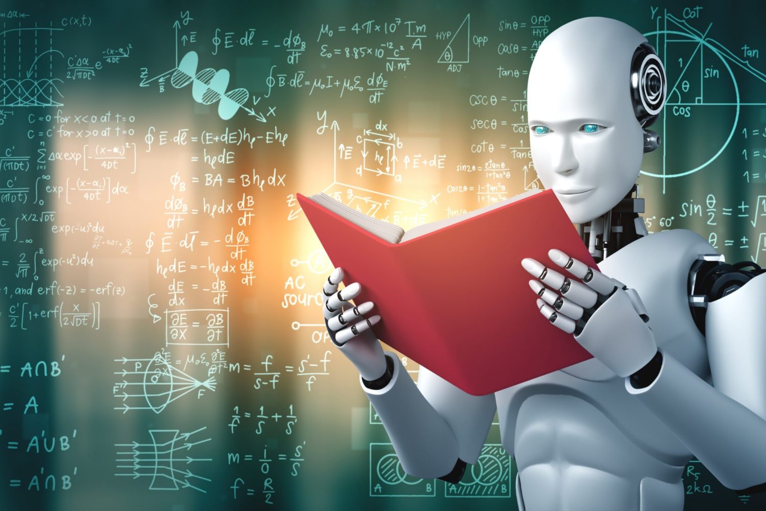 3D illustration of robot humanoid reading book and solving math data analytics in concept of future mathematics artificial intelligence, data mining and 4th fourth industrial automation revolution .